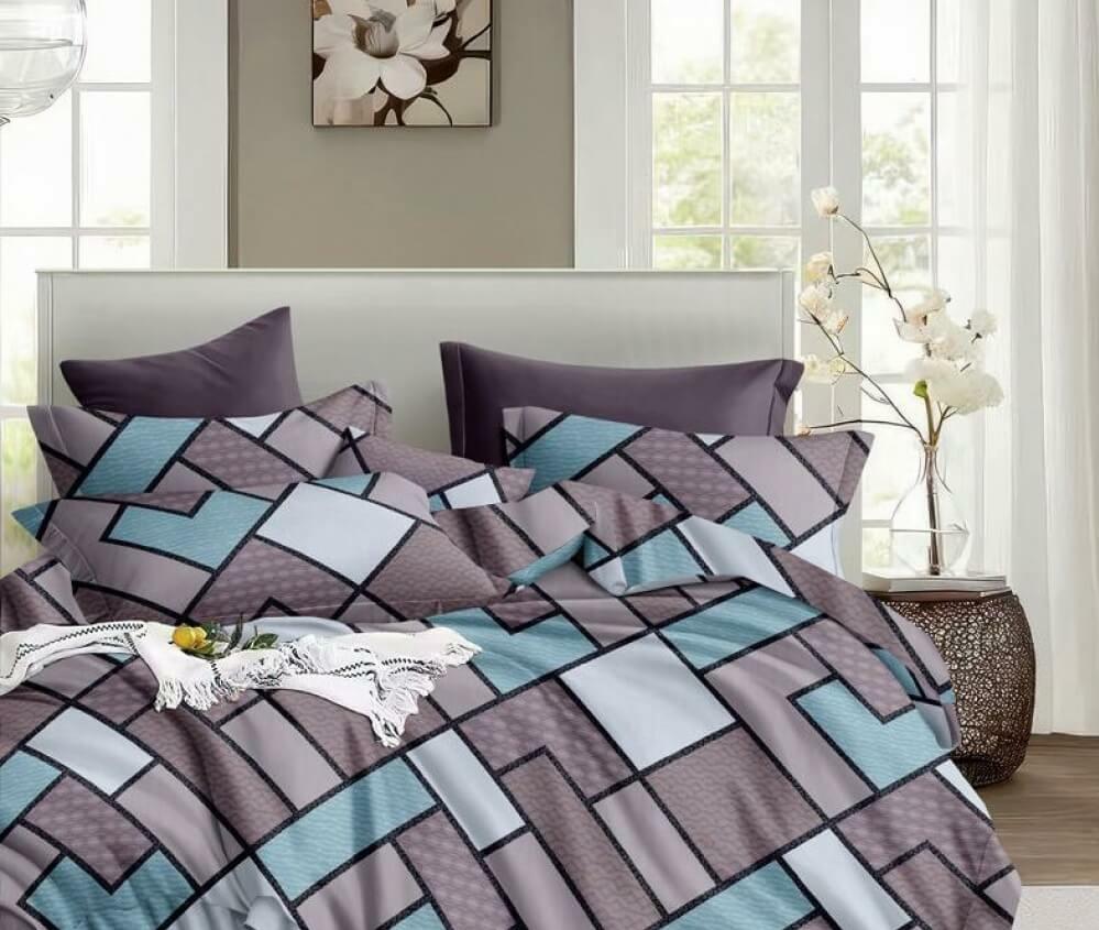 постельное белье ранфорс серо-голубого цвета с геометрическим рисунком кирпичики фото 1