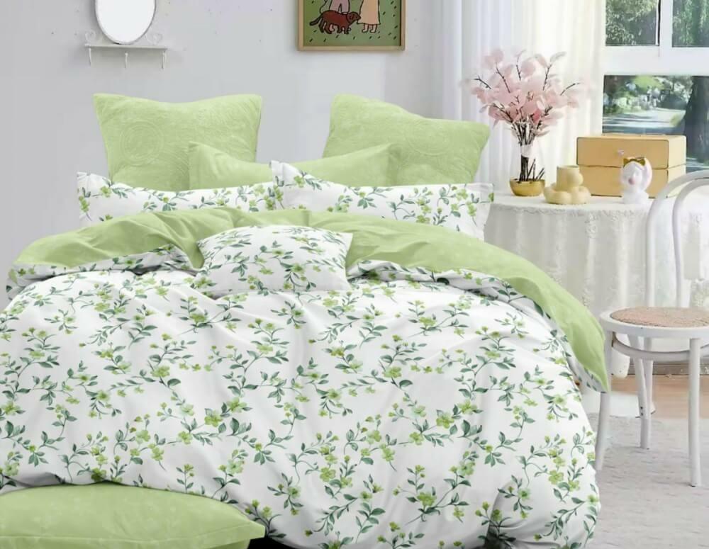 постельное белье ранфорс с салатовыми листиками фото 1