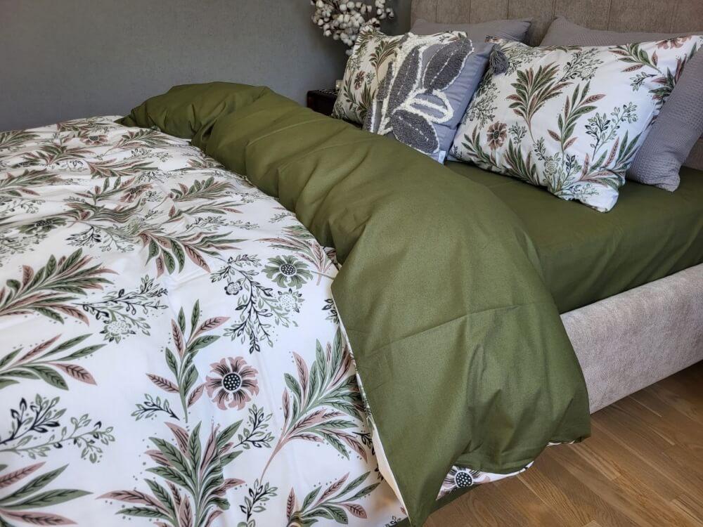 постельное белье ранфорс оливково-белого цвета с оливковыми листьями фото 1