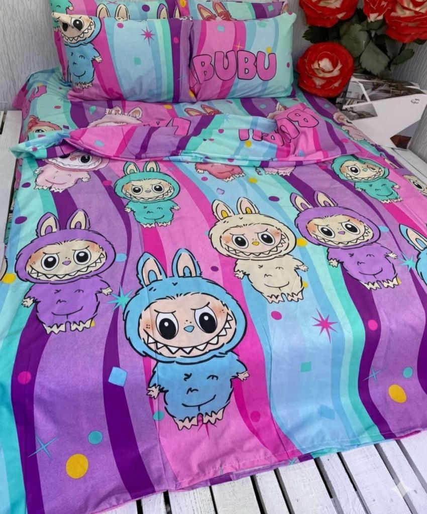 постельное белье с лабубу фиолетового цвета в комбинации с розовым и бирюзовым фото 1