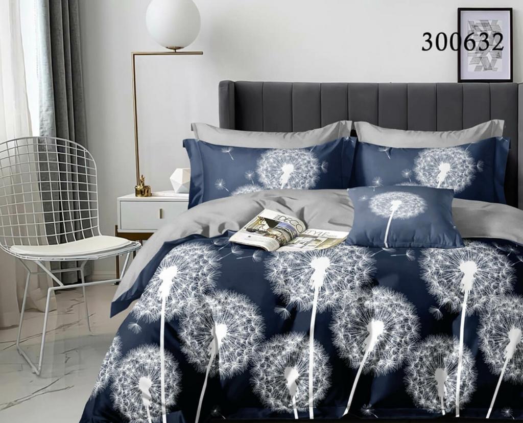 постельное белье сатин синего цвета с крупными одуванчиками