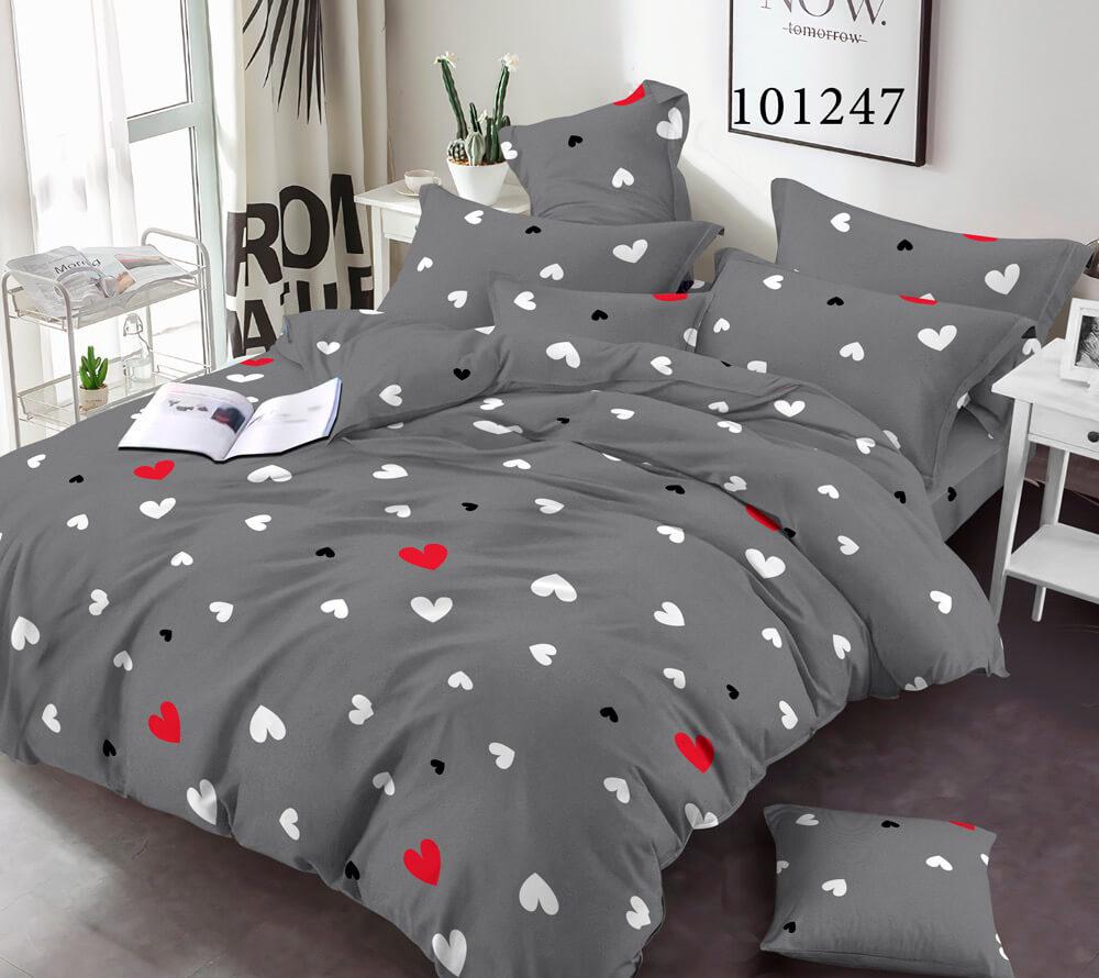 постельное белье бязь серого цвета с белыми и красными сердечками