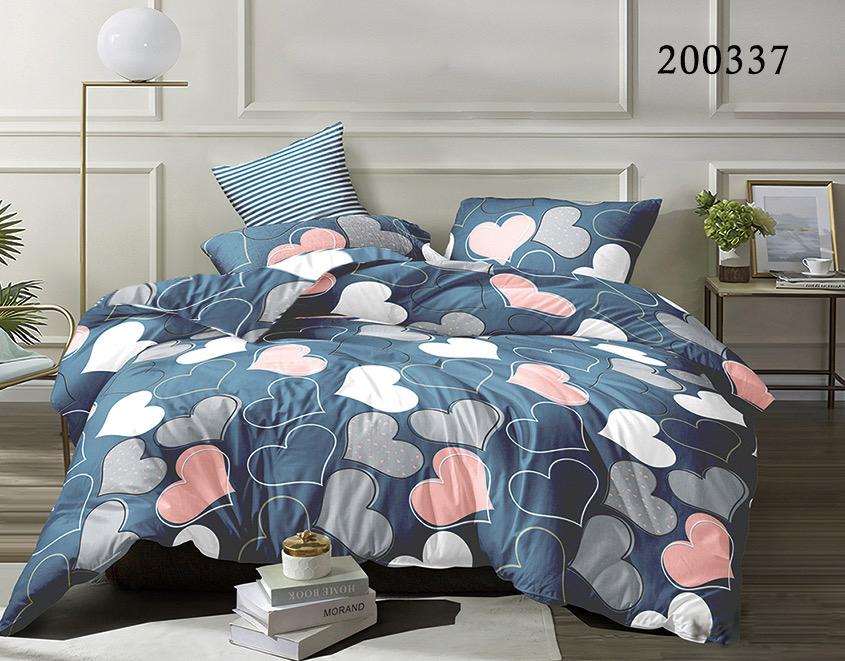 Синее постельное белье ранфорс с сердечками серыми и розовыми