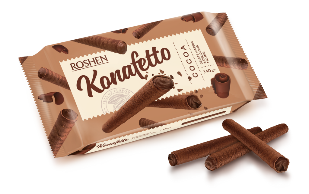 TRUBUSOARE ROSHEN de vafe Konafetto cacoa cu umplutura de crem-cacao 140g / 15  buc