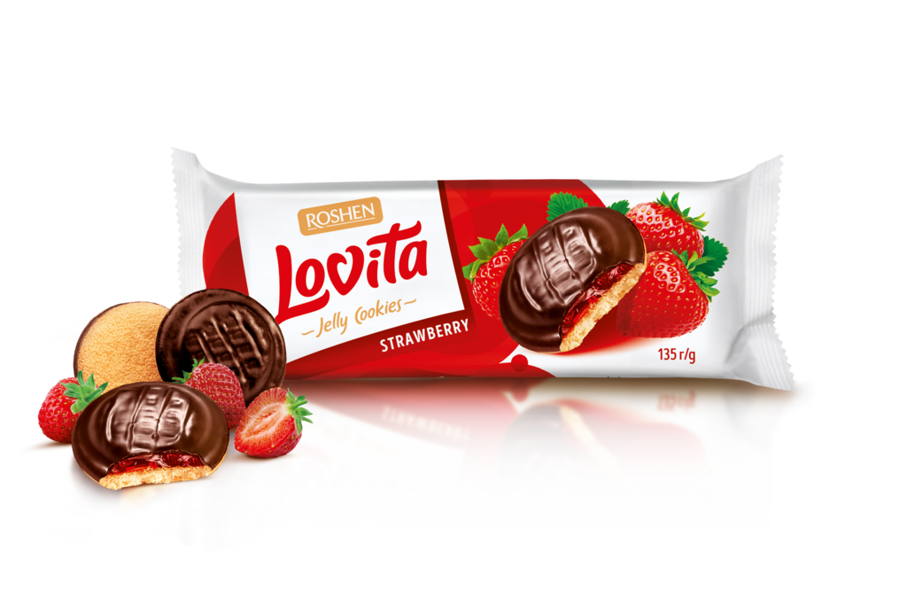 BISCUITI ROSHEN Lovita JELEU cu umplutura de cu gust de capsuna  135g / 21 buc