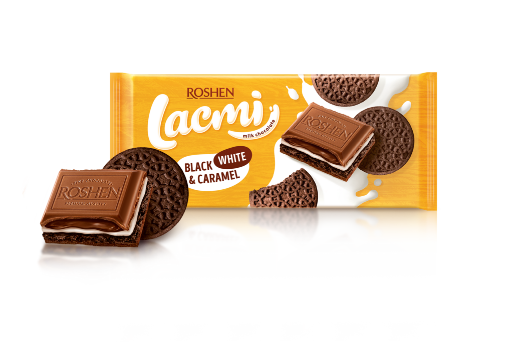 CIOCOLATA ROSHEN Lacmi Black, White & Caramel lapte cu umplut. de lapte, caramel și bisc. de cacao 100g /18buc