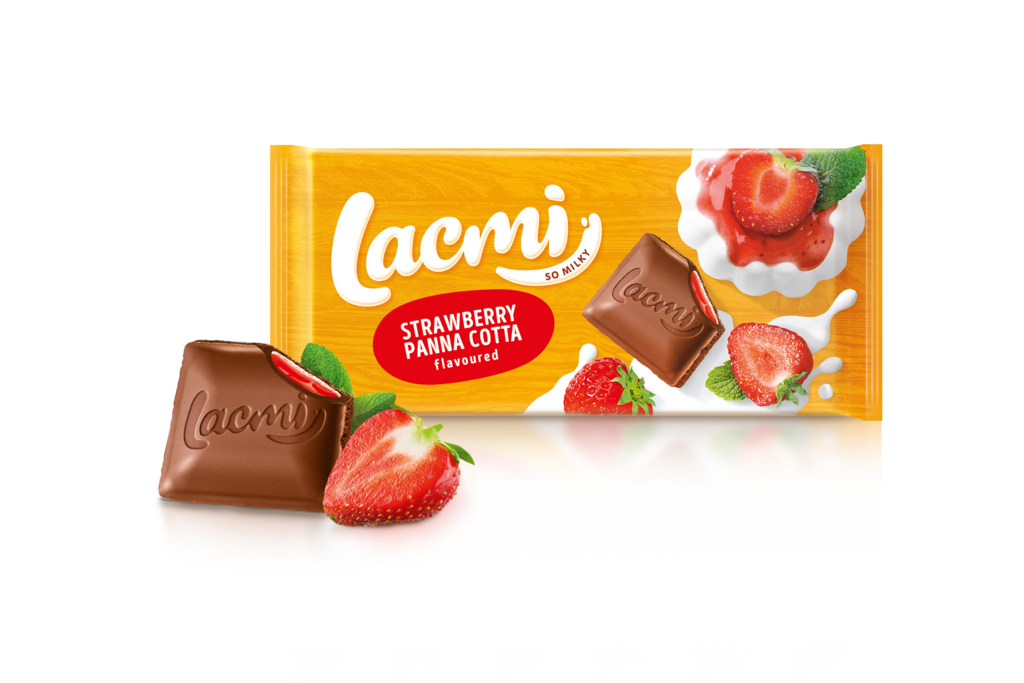 CIOCOLATA ROSHEN Lacmi lapte cu umplutura cu gust de panna cotta cu căpșuni  90g / 22buc