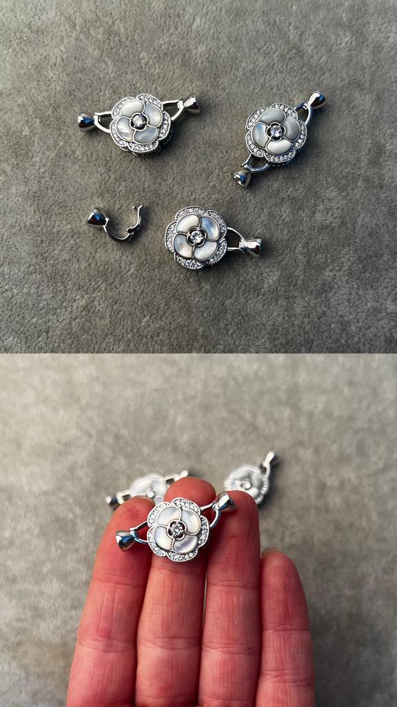 Застежка родий с фианитами и перламутром 33 мм