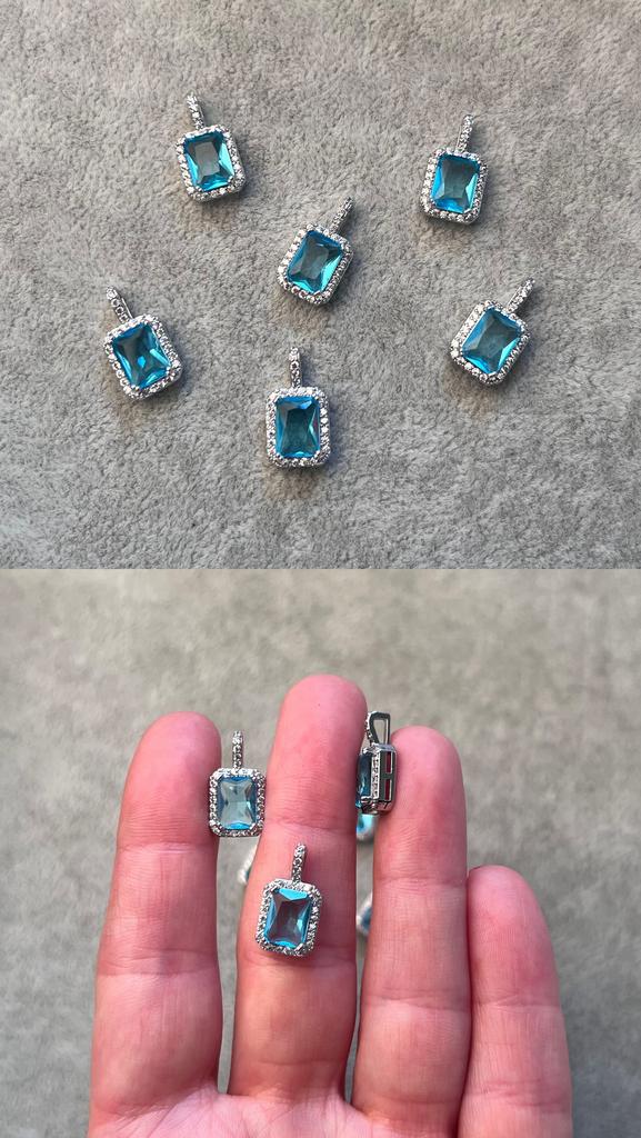 Подвеска родий с фианитами светло-голубая 9 х 16 мм