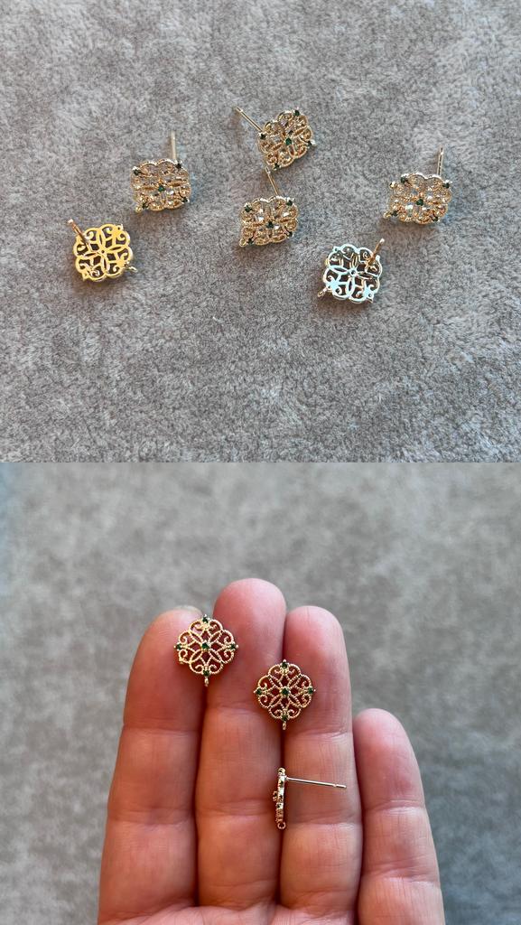 Пусеты с позолотой и зелеными фианитами 12 мм