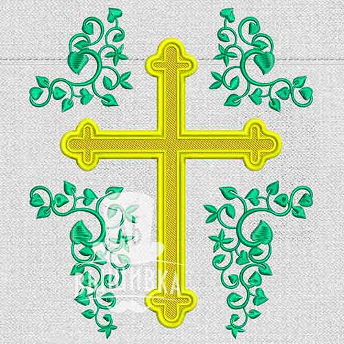 Дизайн машинной вышивки Крест с орнаментом и листьями