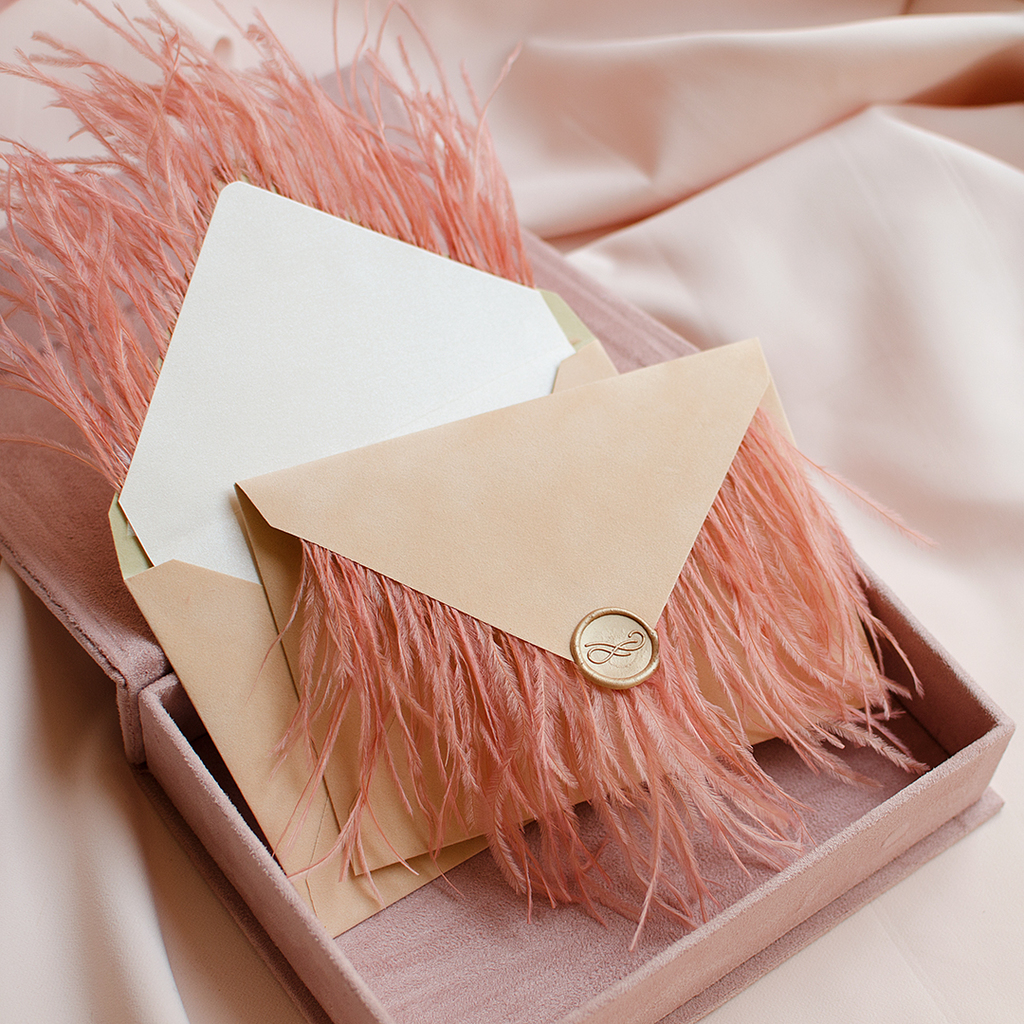 Конверт бархатний з пір'ям та сургучем. Манго IN STOCK