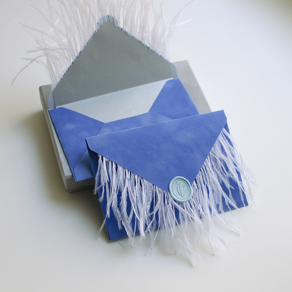 Конверт бархатний з пір'ям і сургучем. Балтика з білим