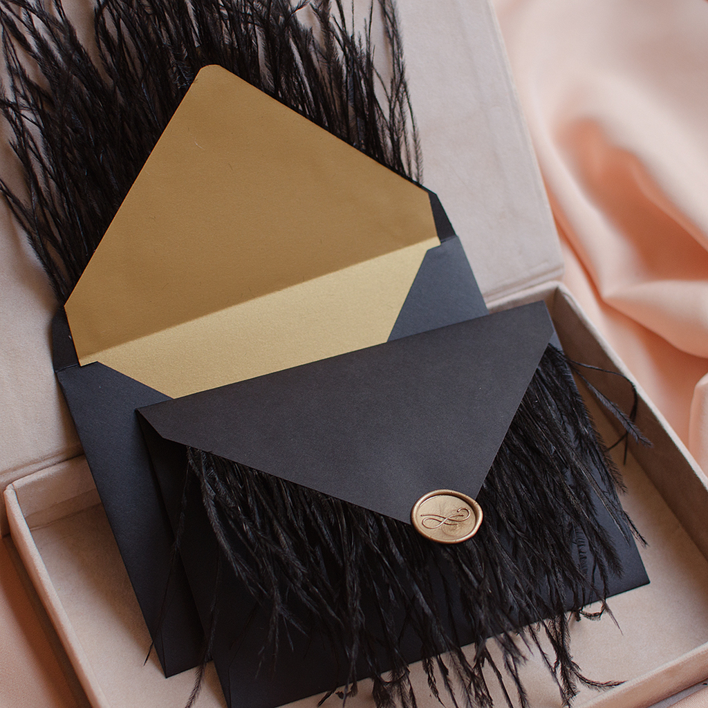 Конверт картонний з пір'ям та з сургучем. Чорний НА МАГНІТІ