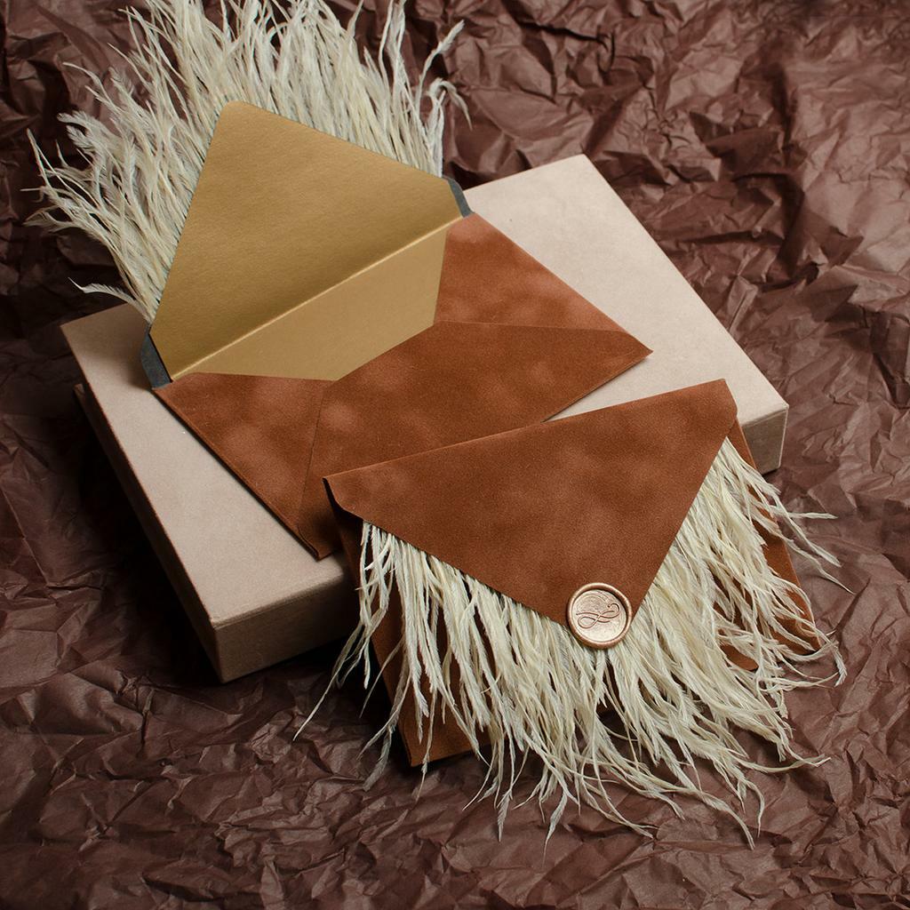 Конверт бархатний з пір'ям та сургучем. Кориця IN STOCK