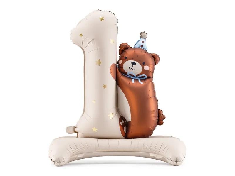 Folija balons "1 with Bear", gaiši zils, 81 cm