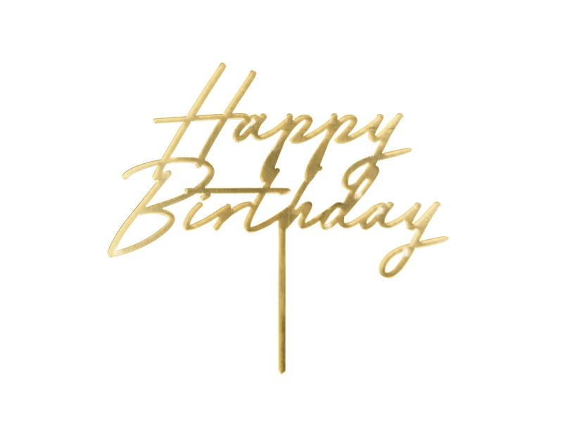 Akrila tortes dekorācija "Happy birthday", zelta,spīdīga  16 cm