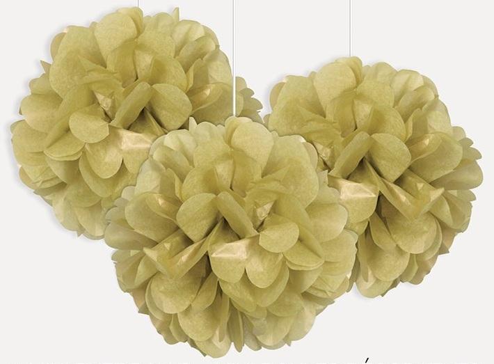 Zīdpapīra pomponi zelta, 23 cm, 3 gab