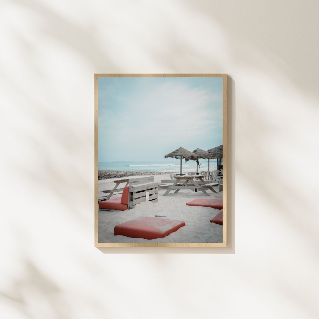Oceanfront Cafe Photography – Minimalist Coastal Wall Art, Relaxed Beach Decor