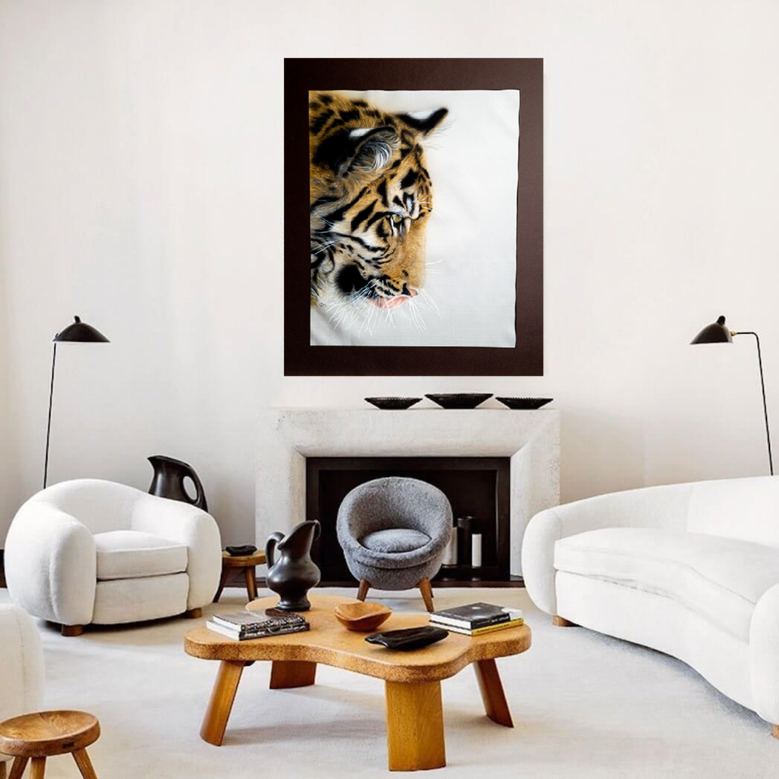 Tiger Portrait -  Hyperrealistic tiger portrait painted on pure silk