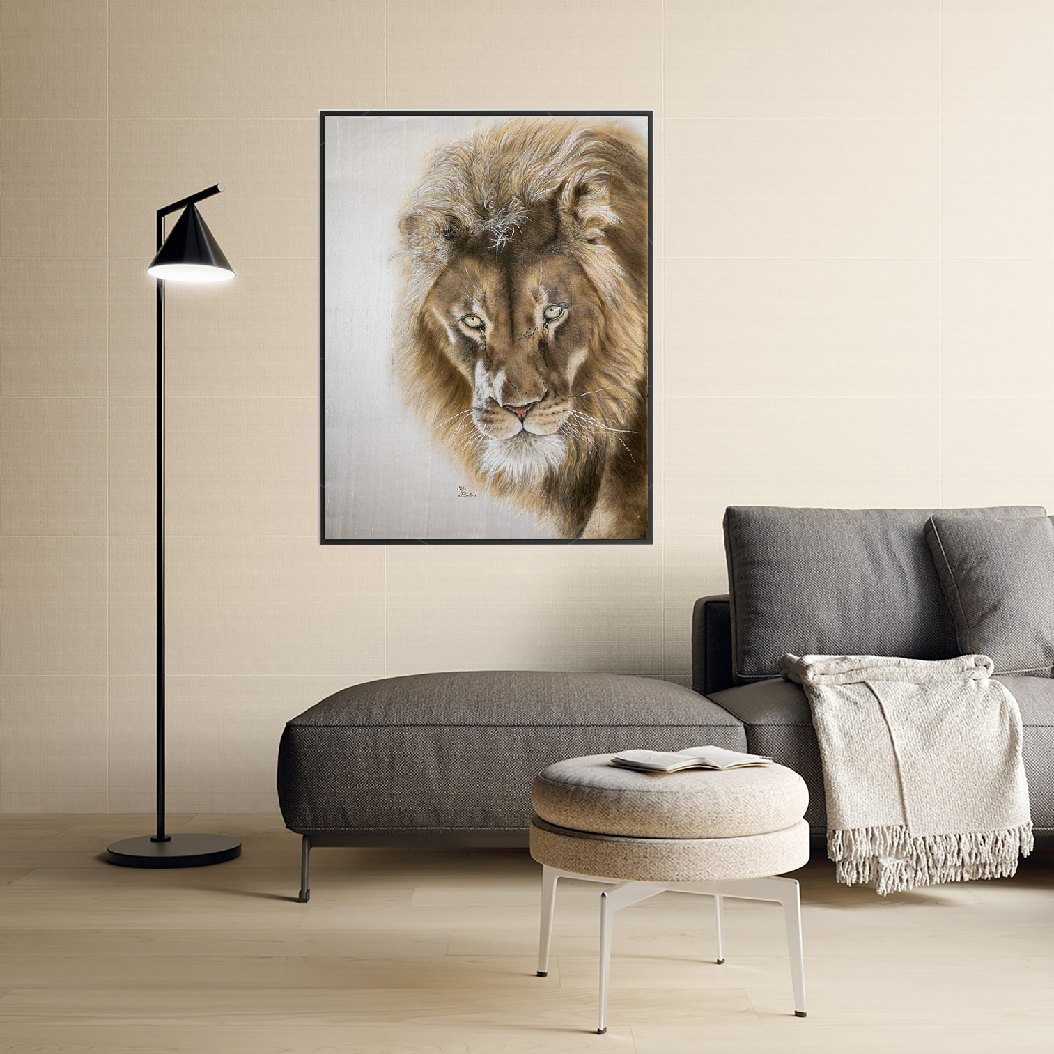 Lion -  Hyperrealistic lion portrait painted on pure silk