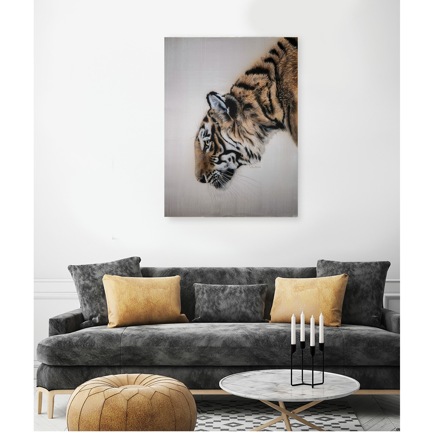 Hyperrealistic Tiger portrait "Dignity"  painted on pure silk