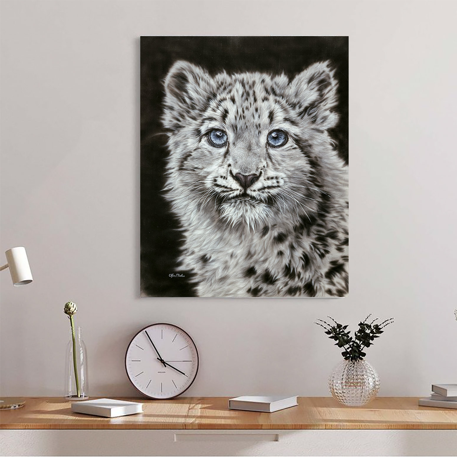 Snow Leopard Cub "Charm"  painted on pure silk