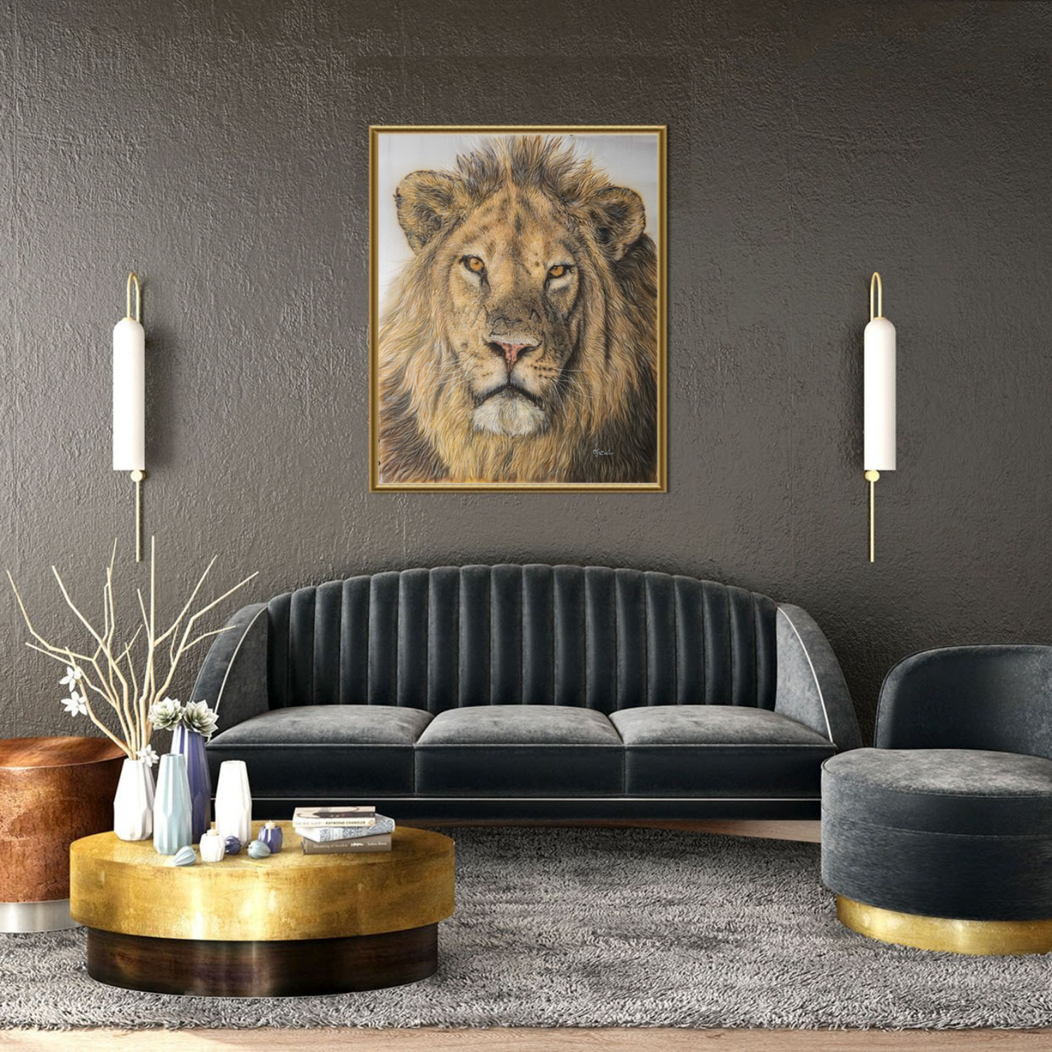 "Greatness"-  Hyperrealistic lion portrait painted on pure silk