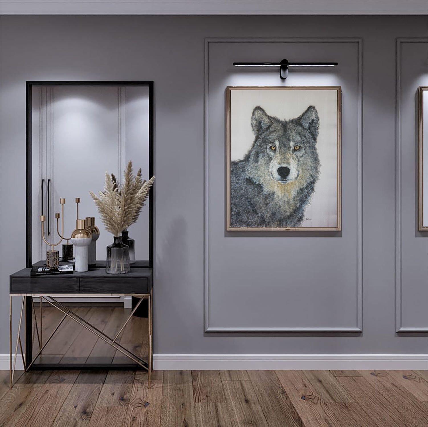 "Wolf"-  Hyperrealistic wolf portrait painted on pure silk