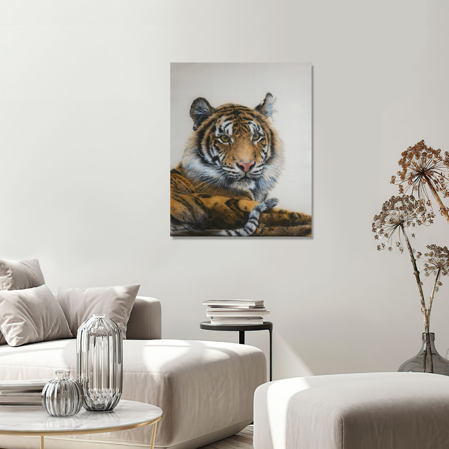 "Guard" - Hyperrealistic tiger portrait painted on pure silk