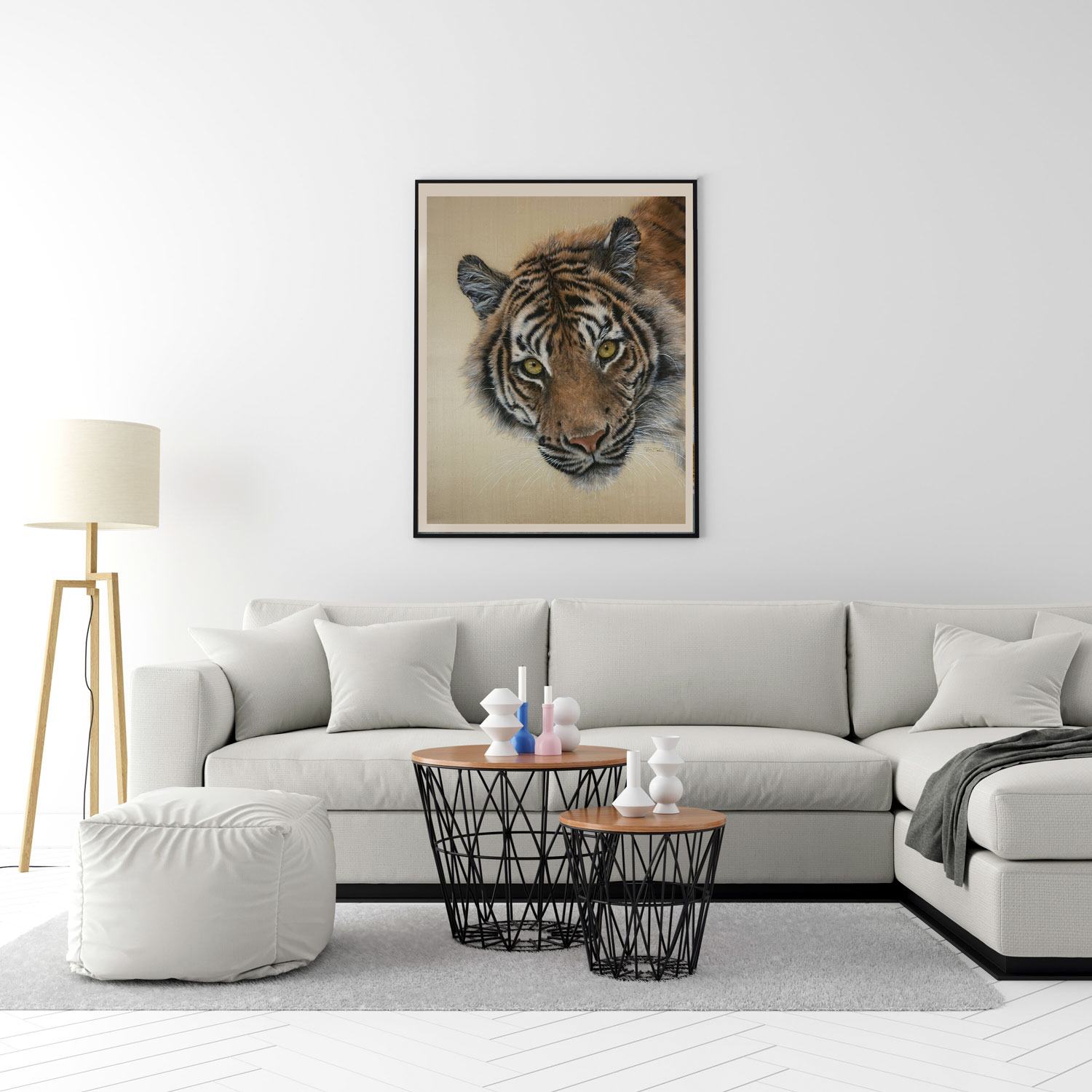 "Sentinel" - Hyperrealistic tiger portrait painted on pure silk