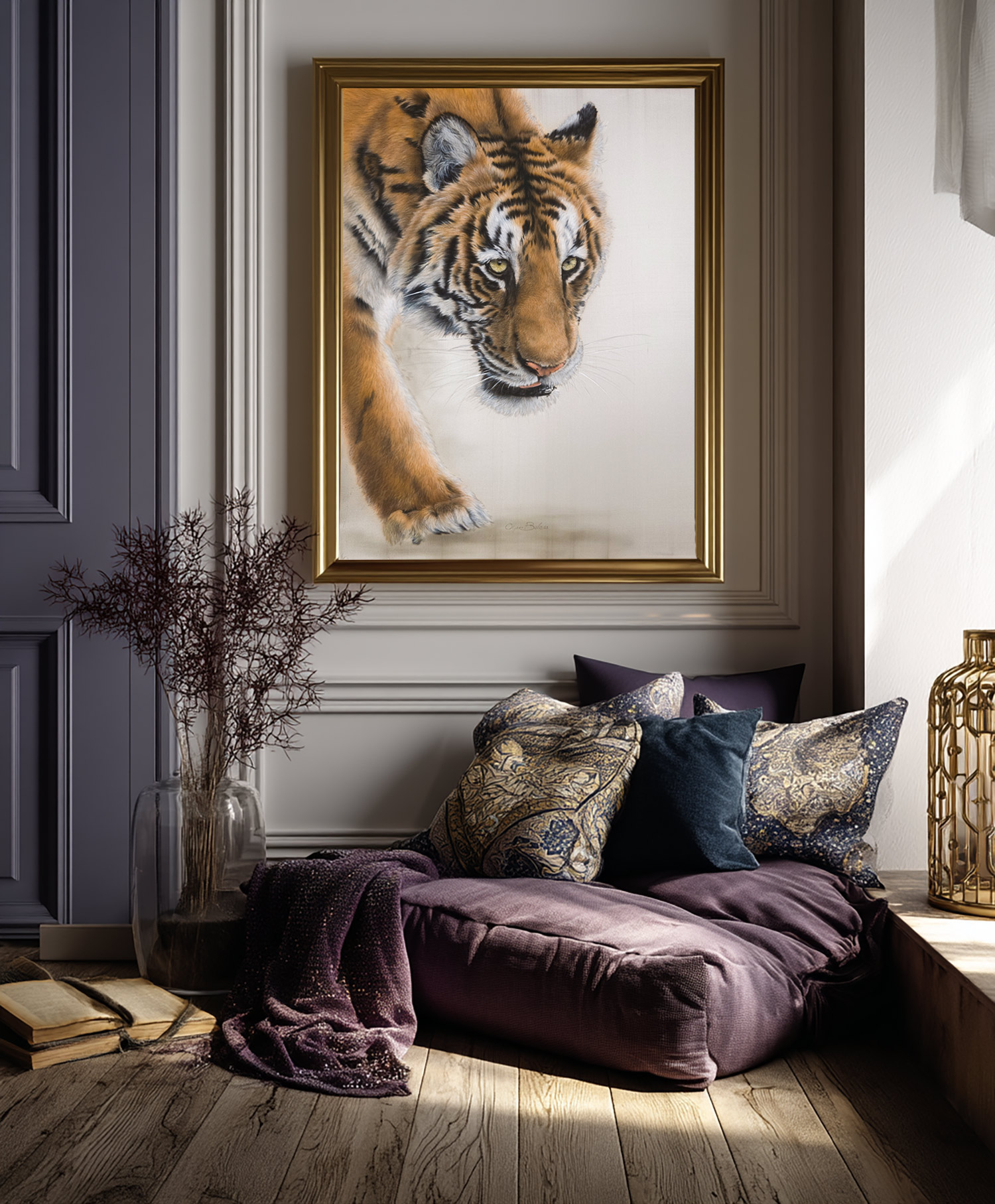 Velvet steps – Silk painted tiger portrait