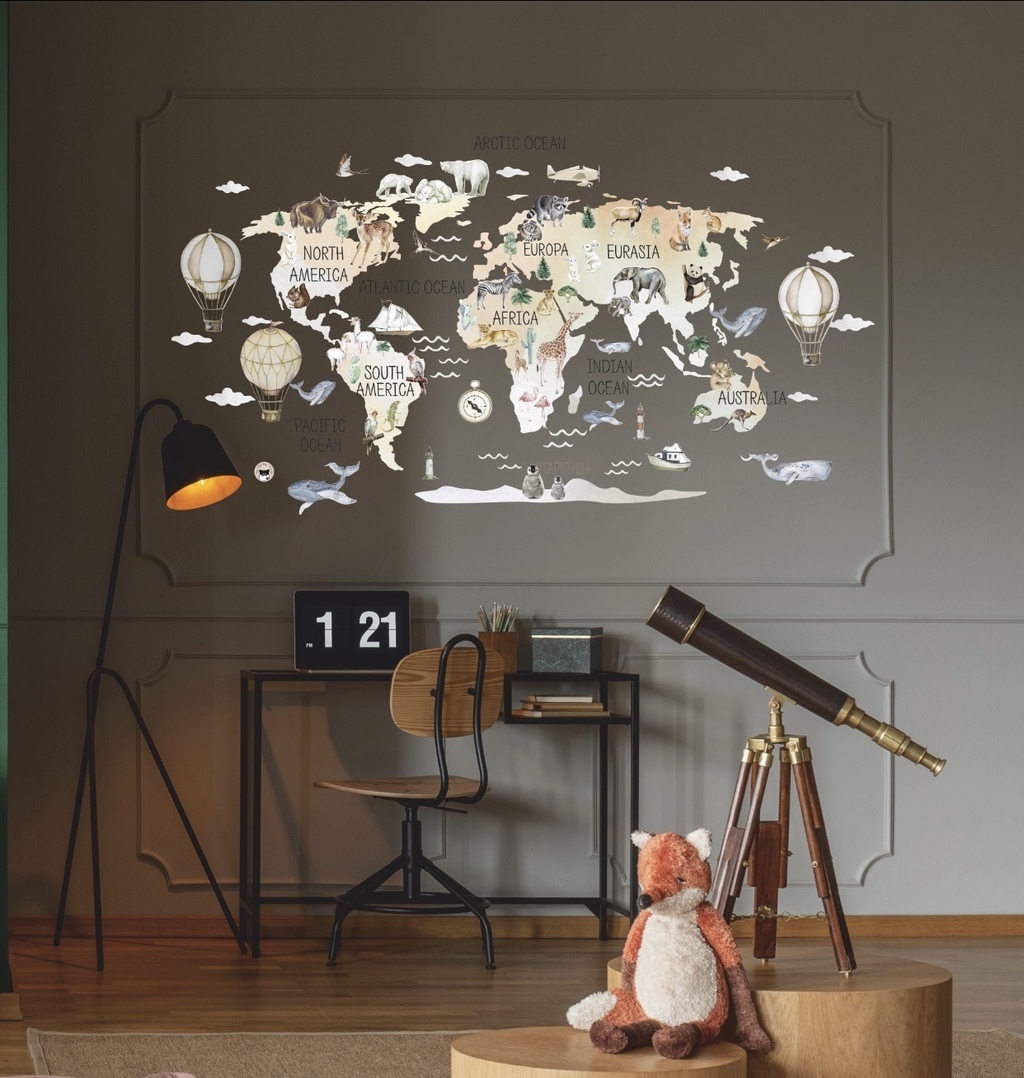 Wall Stickers World Map with Continents (with or w/o and animals) - 3 colors