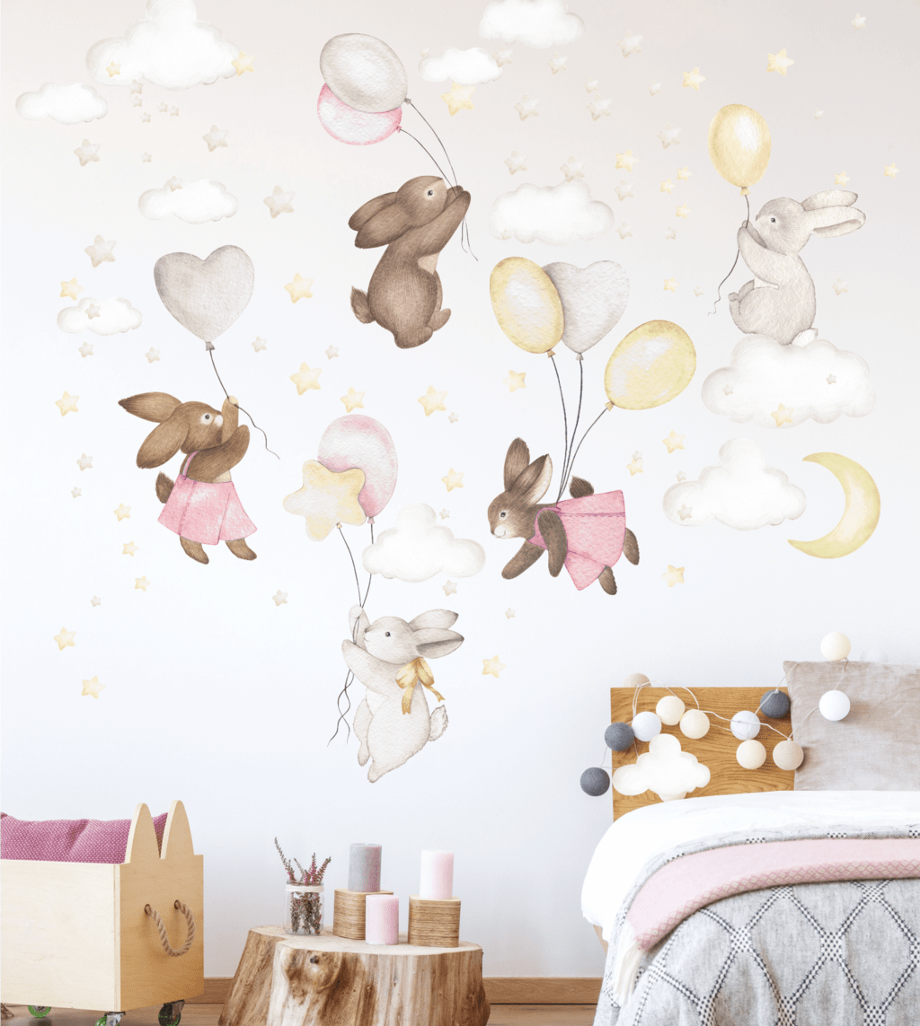 Wall Stickers Floating Bunnies - choose pink or grey