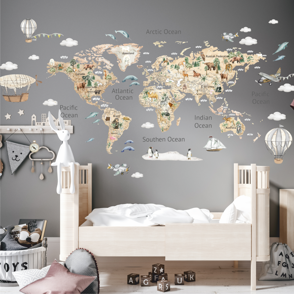 Wall Stickers World Map with Countries with animals - 3 colors
