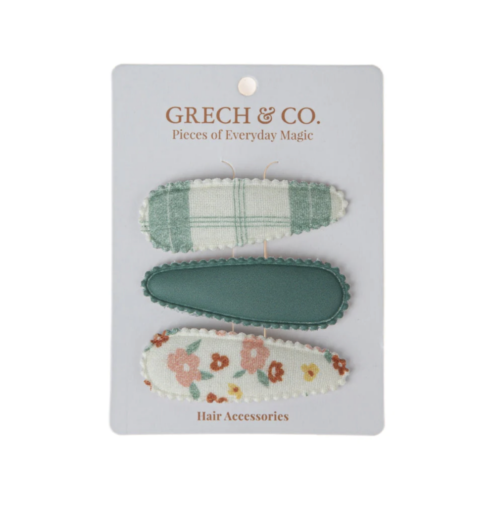 Fabric snap Clips Set of 3 -Fern Plaid +Sunset meadow