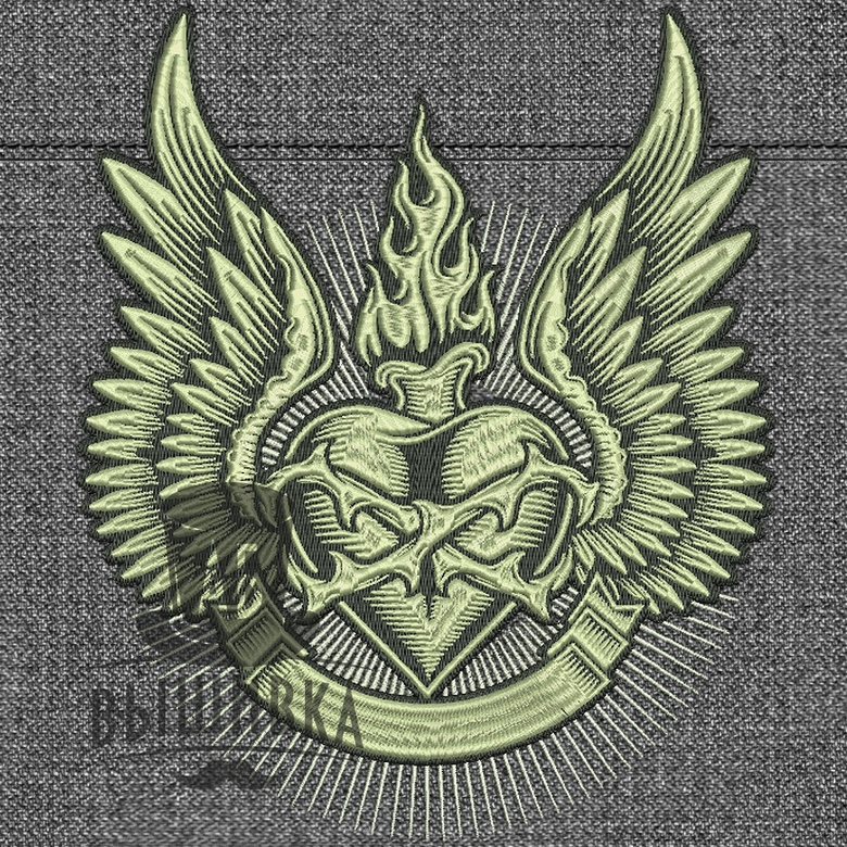 Дизайн машинной вышивки Сердце с крыльями в трех размерах