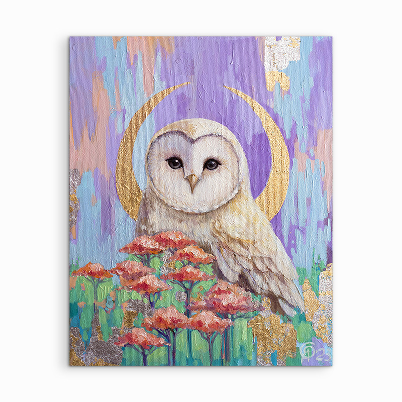 "Little Owl with Golden Moon" 30x24 cm