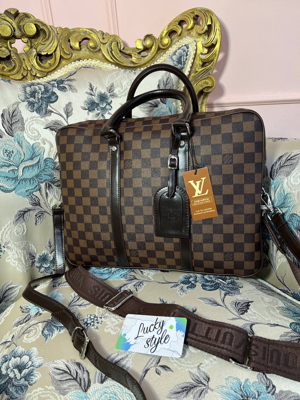 Стильная сумка для ноутбука коричневая шашка 0018