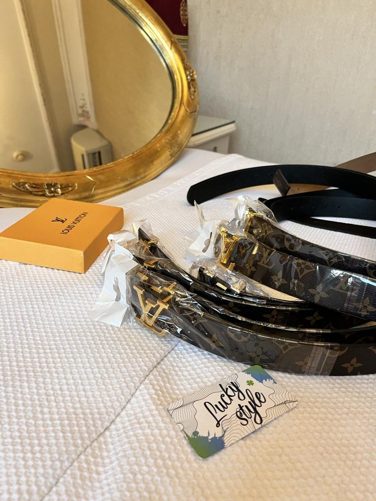 Ремень LV коричневый узор золотая пряжка 51188