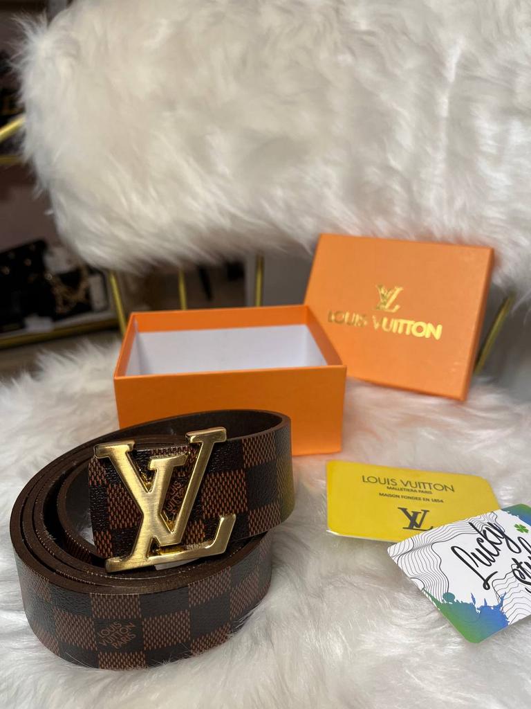 Ремень натуральная кожа LV коричневая шашка  + бренд подарочная упаковка 5551173