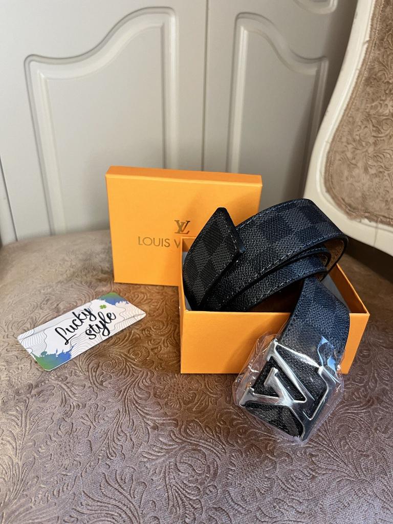 Ремень натуральная кожа LV серая шашка   + бренд подарочная упаковка 5551174