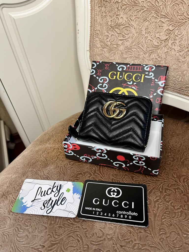 Кошелёк натуральная кожа Гучи чёрный +бренд коробка 45121556