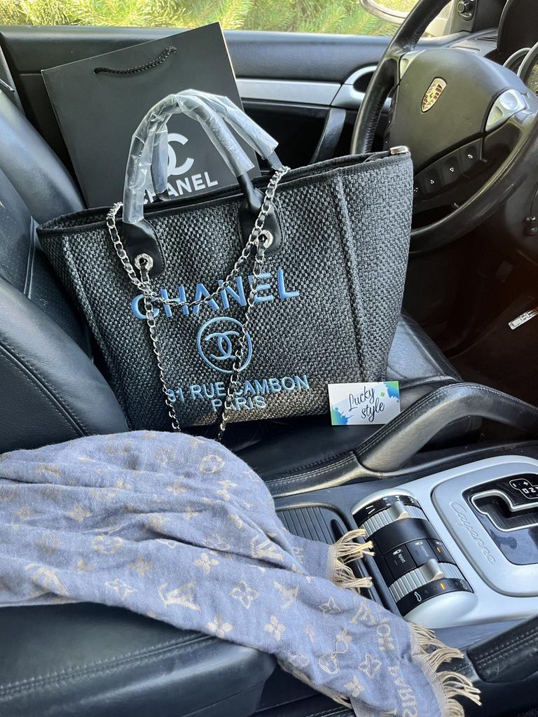 Chanel black shopper bag Шанель шоппер чёрный с голубой надписью 6373722883