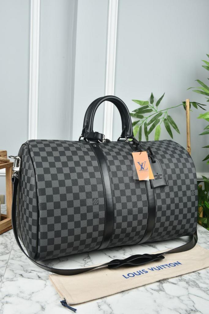 Louis Vuitton багажная-спорт сумка серая клетка  шашка KEEPALL 50 С ПЛЕЧЕВЫМ РЕМНЕМ 5432532