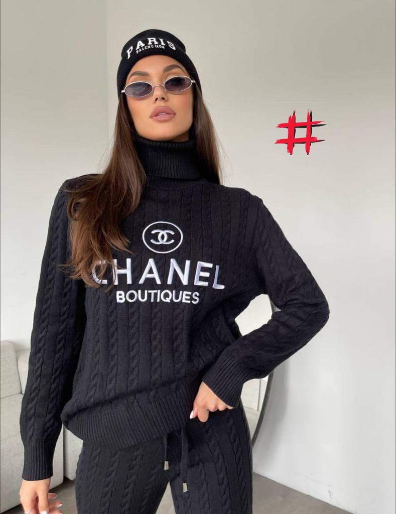 Костюм черный женский Chanel теплый пряжа 9988