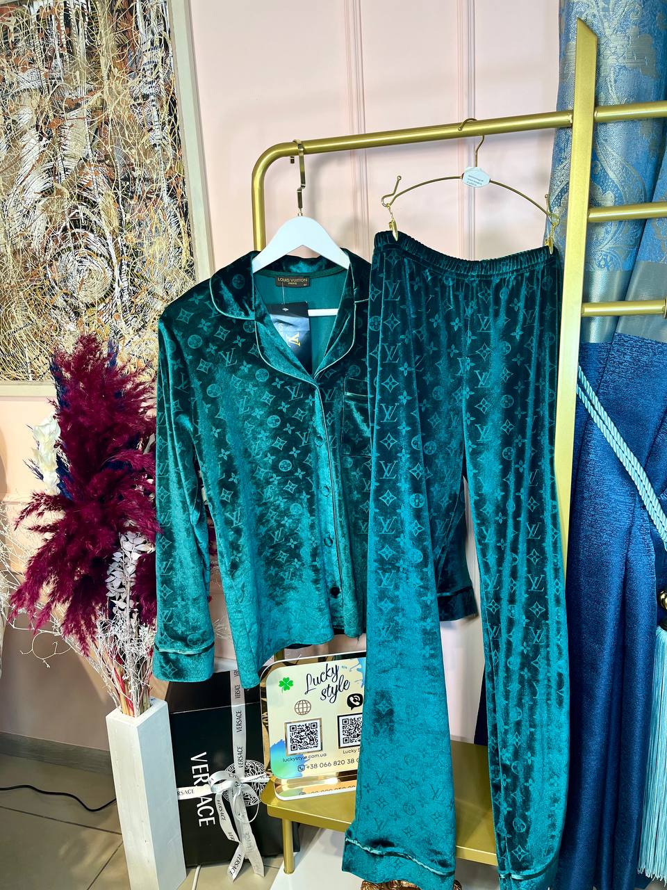Пижама люкс зеленая Louis Vuitton велюр 9992