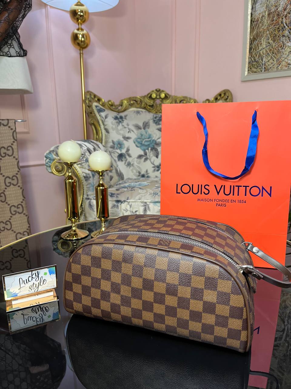 Косметичка/клатч/барсетка LOUIS VUITTON - Doop Kit Toilet Pouch люкс коричневая клетка  + пыльник бренд 64364364