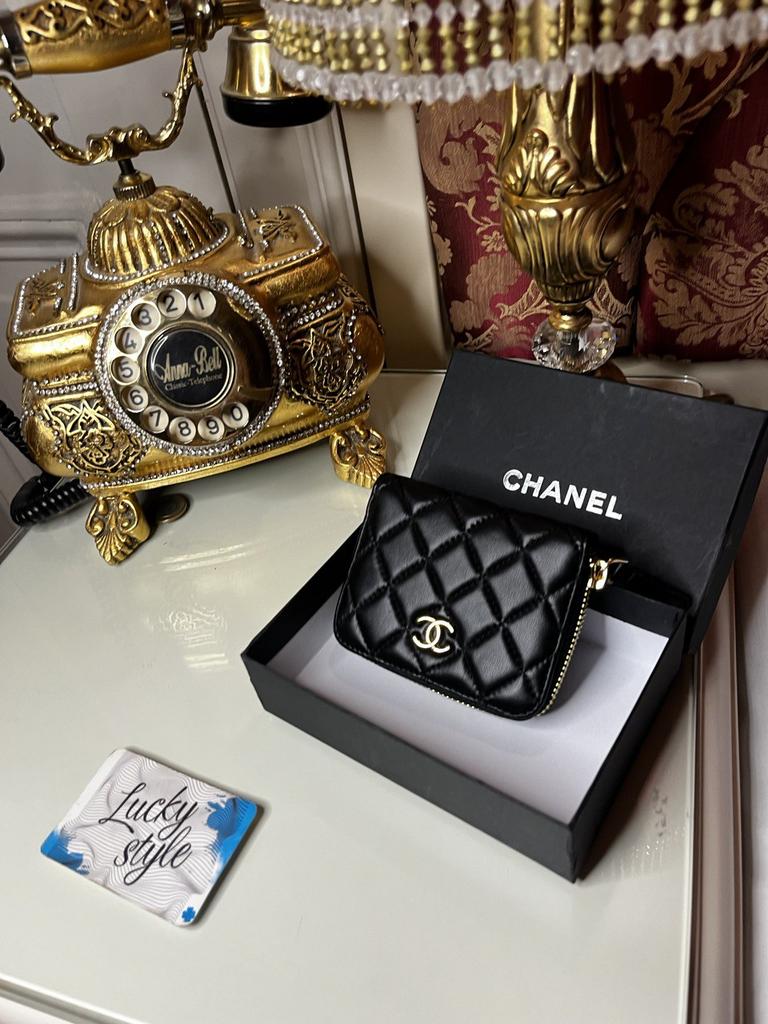 Натуральная кожа черный Chanel mini кошелек золото 2333