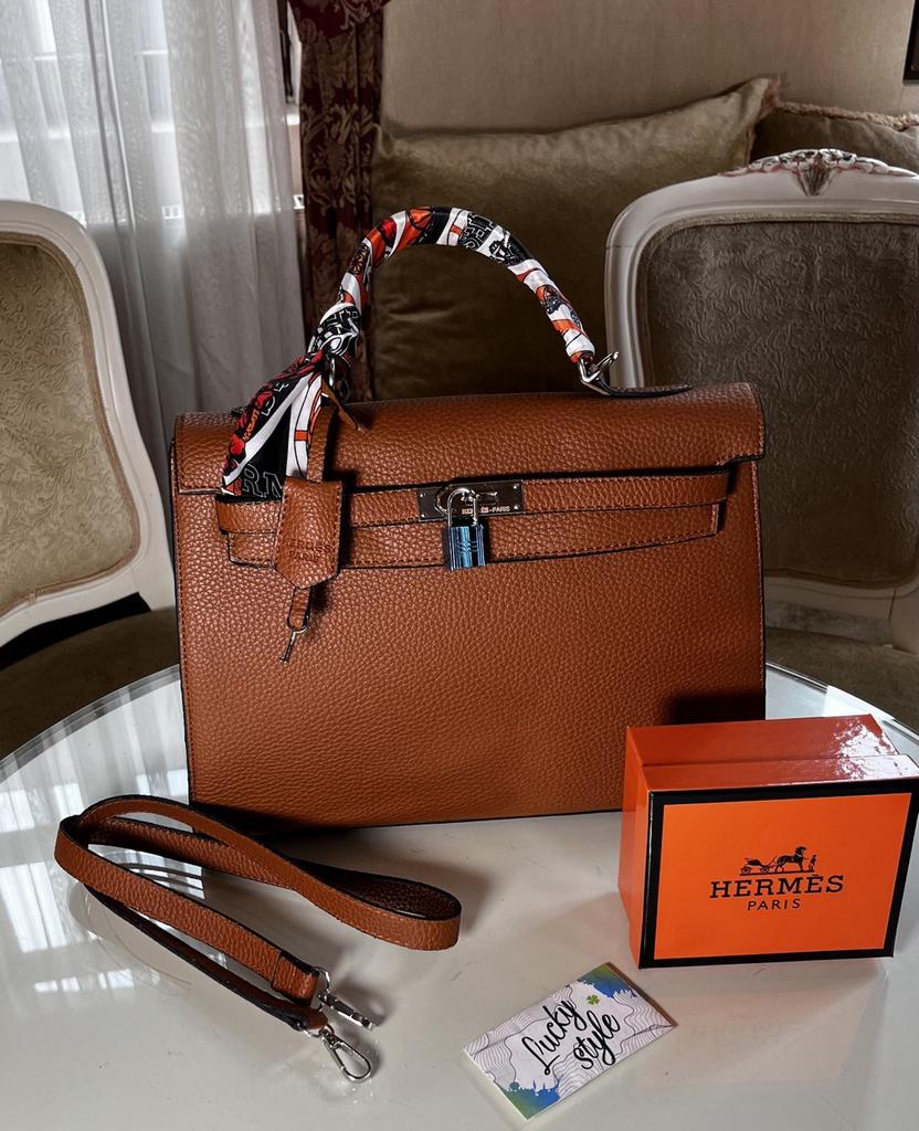 Hermes Kelly коричневая серебро фурнитура  35см 555543
